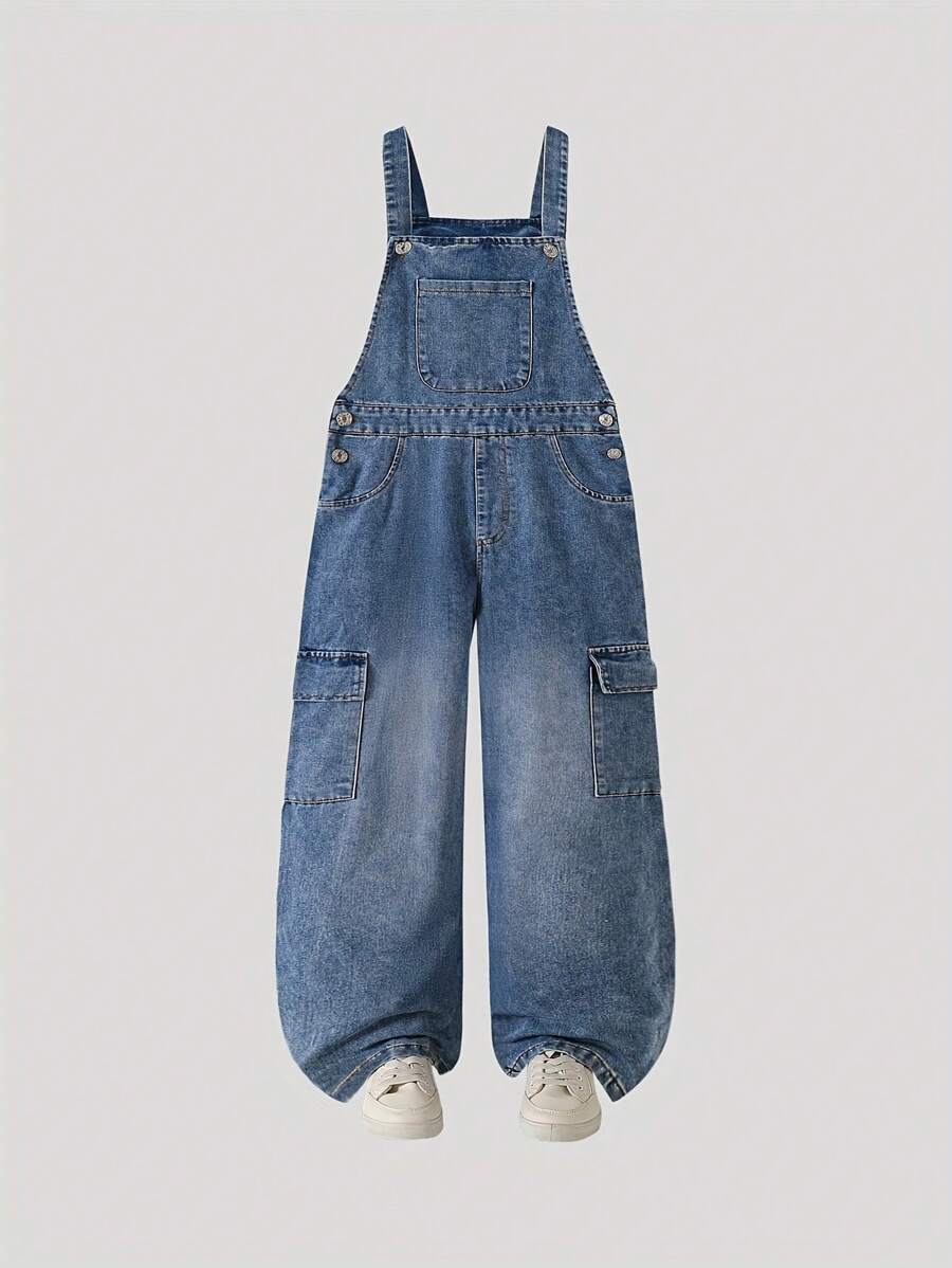 Girls' Retro Casual Denim Bib Pants, Fashion Street Style Loose Straight Leg Jeans Overall For Summer/Spring/Autumn - Medium Wash - View 1