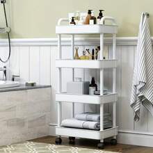 4/3-Tier White Plastic Rolling Storage Trolley, 99x37x26cm Mobile Shelf With 360° Lockable Wheels, Slim Organizer For Kitchen Bathroom Narrow Spaces - 彩色 - 查看 4