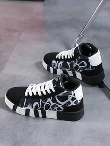 Women's Random Letter & Graffiti Print Rubber Sole High-Top Sneakers, Comfortable Daily Casual Street-Style Couple Sports Shoes - Black and White - View 8