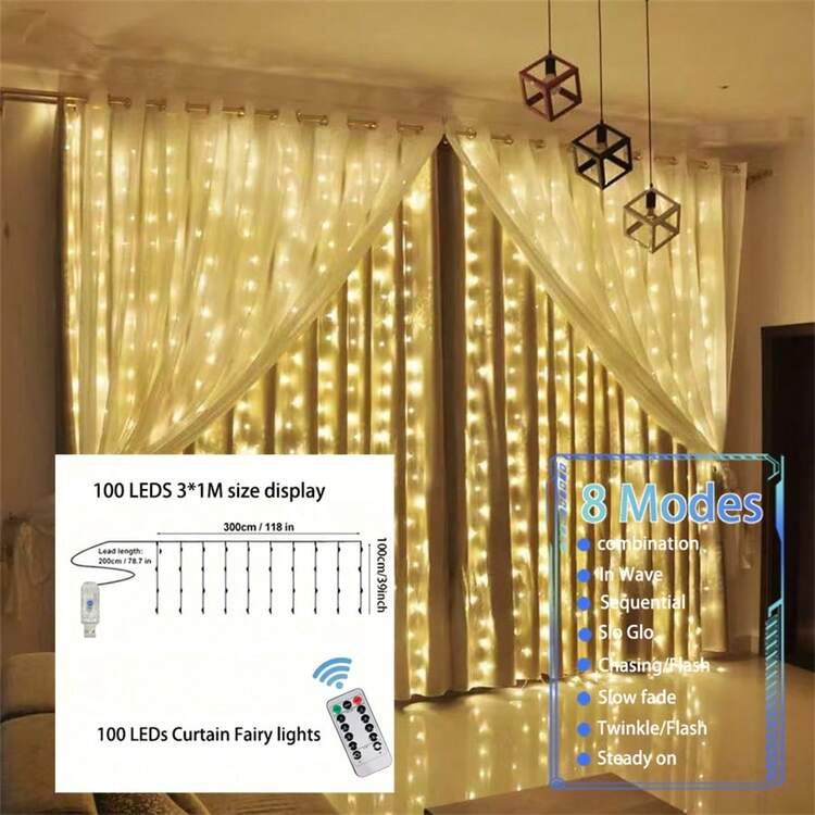1pc LED Window Curtain Lights With 8 Lighting Modes Remote Control, USB Powered Fairy Lights For Christmas, Halloween, Wedding, Home, Garden, Bedroom, Holiday Party Decor - USB Curtain Light - View 9