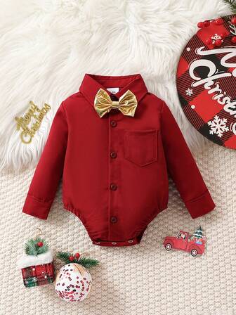 Zestaw modowy dla chłopca na wiosnę/jesień, jednokolorowy body koszulowy i muszka