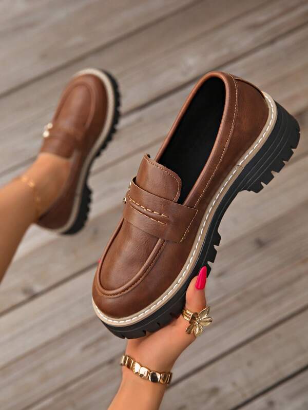 女士简约乐福鞋，时尚朋克圆头中跟鞋，舒适时尚，百搭休闲鞋