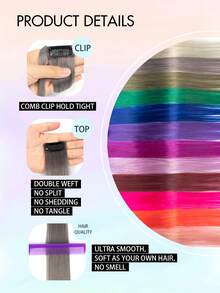 1pc Clip-In Hair Extension, Human Hair, Colorful Hair Extension, Red Clip-In Human Hair, Rainbow Color Party Highlights, Straight Hair Piece, For Women And Girls, Cosplay Clip-In Hair Extension, Purple, Halloween Costume And Christmas - Multicolor - View 6