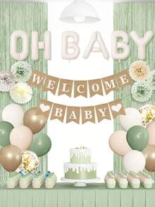 1/6/32 件鼠尾草绿色婴儿派对装饰，适合婴儿，绿色气球搭配“欢迎宝宝”横幅流苏窗帘，铝箔气球，纸花，适合波西米亚风格的婴儿派对、生日、性别揭晓派对用品 - 彩色 - 查看 3
