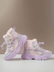 Girls' Asymmetrical Print Snow Boots, Fashion Short Boots For Winter, New Kids High-Top Thick Warm Waterproof Outdoor Snow Shoes, Big Children Girls Leather Boots