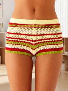Women's Knitted Shorts Casual Stylish Colorful Contrast Striped Elastic Mid Rise Shorts - Yellow - View 3