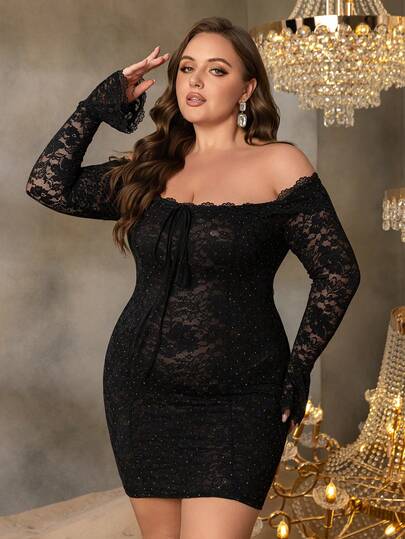 Faeriesty BoldDesire Plus Casual Elegant Lace Off-Shoulder Long Sleeve Dress - Breathable And Comfortable, Suitable For Brunch Dates, Music Festivals, And Weekend Outings