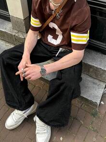 Grunge Goth Y2K 风格时尚哥特休闲直筒宽松街头运动学院摇滚年轻口袋牛仔裤，男士四季皆宜 - 黑色 - 查看 4