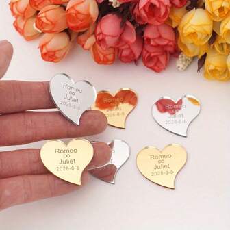 2/10/30/50/100/200 יחידות צורת לבבות חמודה אישית שם תאריך מסיבת מתנה לקישוט הבית מדבקת מראה אקרילית מותאם אישית עישוב דקור