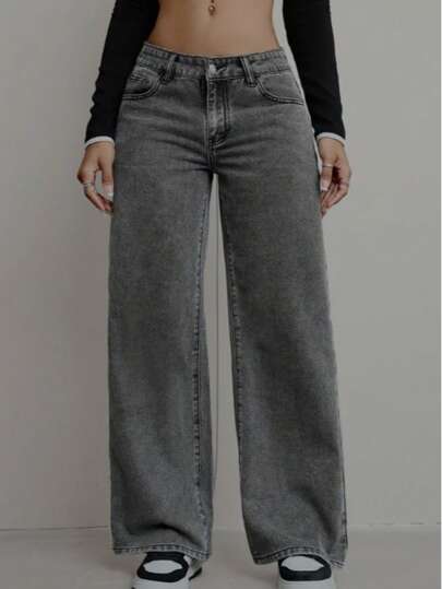 Calça Wide Leg Pantalona Jeans Grafite Feminina Cintura Alta Levanta Bumbum