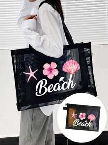 1pc/2pcs Set Breathable Beach Mesh Tote Bag, Beach Vacation Patchwork Design, Ocean, Starfish, Pearl Print & Letter Pattern, Large Capacity Mesh Tote Bag, Multifunctional Large Capacity Polyester Mesh Shoulder Tote Bag And Cosmetic Bag Set - Beach Vacation Storage & Shopping - Suitable For Teenage Girls And Women - Black - View 11