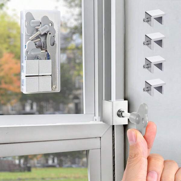[4 Sets] Cerradura deslizante de ventana con llave de aleación de aluminio ajustable (Plata) Bloqueo de de instalación rápida de un solo orificio, antirrobo y antirrobo adecuado para ventanas verticales/horizontales