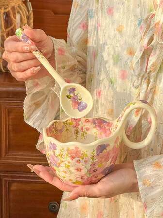 1 set med skedmugg, blommönstrad mugg med sked, elegant böjd handtag med frostat mugg, stor kapacitet för frukostskål, eftermiddagste-kaffemugg, mjölkmugg, lämplig för hemmet, restaurangen, kontoret, festen, presentmuggar