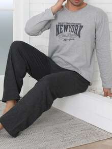 2pcs Men's Sleepwear Set, Round Neck Long Sleeve Letter Print Top, Solid Black/Gray Pants, Casual & Comfortable, Suitable For Autumn/Winter - Multicolor - View 5