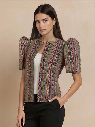 女士时尚舒适印花开襟泡泡袖上衣，现代菲律宾风格