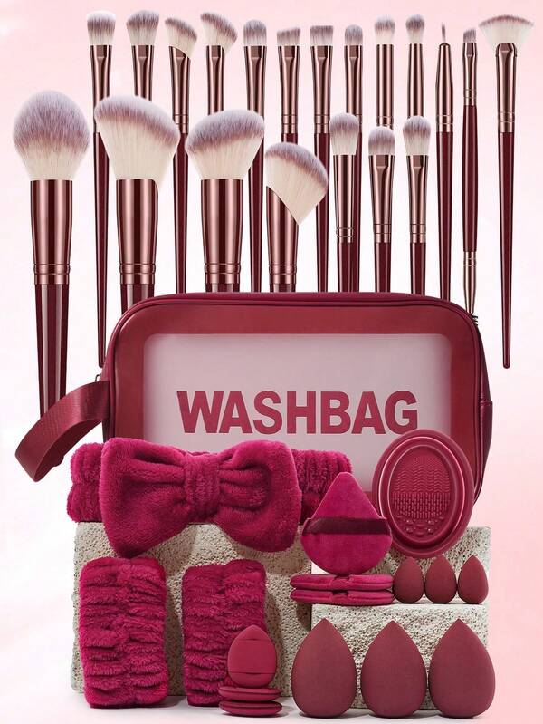 37 PIEZAS Juego de herramientas de maquillaje que incluye: 1 bolsa de cosméticos y artículos de tocador con cremallera multifuncional impermeable + 20 pinceles de maquillaje + 3 esponjas de maquillaje + 3 esponjas de maquillaje mini + 3 borlas de polvo triangulares + 3 borlas de polvo de cojín de aire mini + 1 diadema + 2 correas para tazón de mano + 1 herramienta de limpieza de pinceles de maquillaje. Todo en uno y amigable para principiantes | Listo para viajar y regalo | Perfecto para principiantes/ella