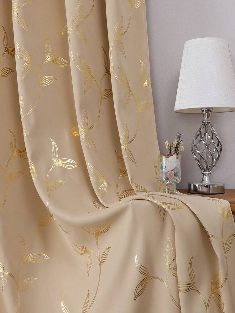 2pcs Beige Floral Blackout Thermal Curtain Panels, Modern Printed 3D Floral Design, Suitable For Living Room, Bedroom, Dining Room Home Decor, Room Decoration - Beige Gold - View 5