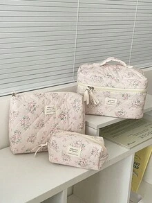 1 件/套可爱花卉印花大容量化妆包多功能化妆品收纳钱包袋便携式化妆品刷收纳包带拉链封口适用于口红、刷子、护肤品、手机、硬币、小物品 - 彩色 - 查看 8