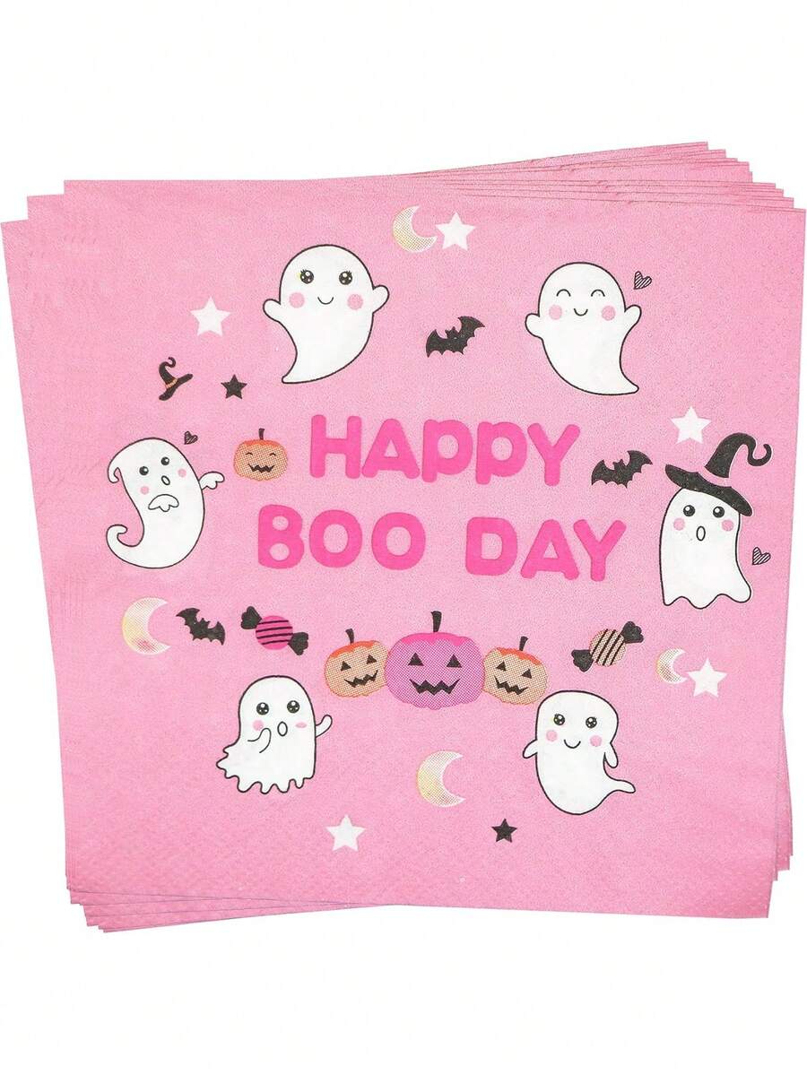 20/40/80 lembar Serbet Happy BOO Day - Dekorasi Halloween 3 lapis, Dekorasi Pesta Pastel 5 x 5 inci - Berwarna merah muda - View 1