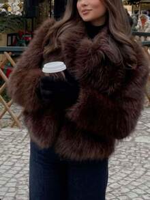 2025 Fall&Winter New Arrivals, Women's Loose Fit&Regular Length Long Sleeve Flannelette Collar Winter Jacket,Button Up Jacket Women,For Holiday/Daily/Formal&Evening/Travel/Country Concert/Airport/Party/Birthday, Fall&Winter Women Coat,Fall&Winter Coat,Fall Outfits Women,Winter Jacket Coat,Winter Jacket,Going Out Tops Women,Business Casual Woman,Christmas Clothes,Halloween Clothes Women,Fall,Winter, - Coffee Brown - View 3