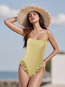Traje de baño monokini para mujer, color sólido, tirantes finos, volantes, sin mangas, traje de baño de verano, bikini - Amarillo - Ver 2