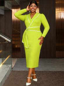 Women Long Sleeve Ruched Wrap V Neck Sheath Office Dress Color Block Midi Party Wear To Work Dresses With Belt,Fall Women Clothes - 綠色 - 查看 3