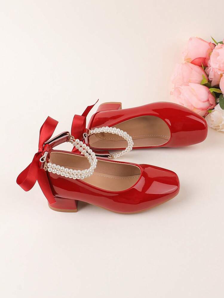 礼服鞋、表演鞋、芭蕾玛丽珍公主鞋、小皮鞋、适合婚礼、派对、聚会、度假、花童、女孩、儿童、幼儿、时尚红色、酒红色、蝴蝶结、珍珠、四季皆宜、优雅、高跟、粗跟平底鞋 - 酒紅色 - 查看 6