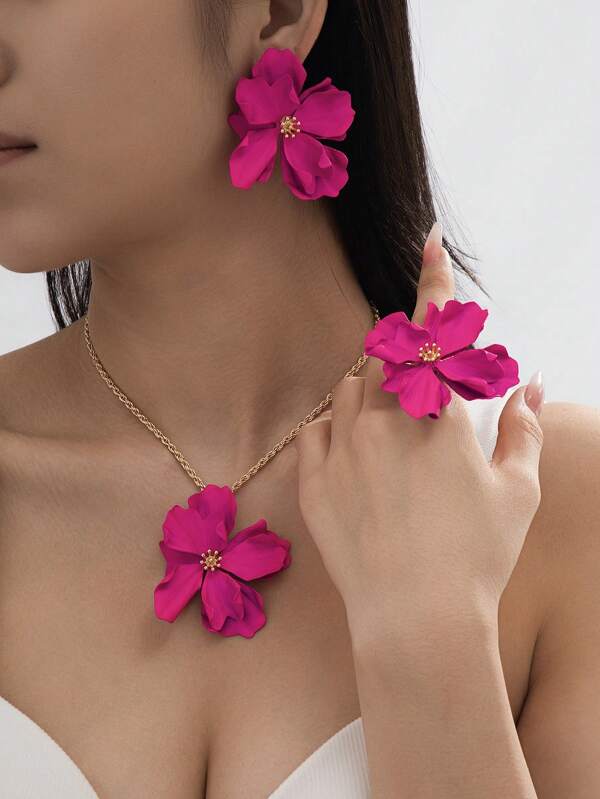 1 Set de joyería casual de aleación de hierro con flor doble de color rojo rosa incrustada de aleación de zinc, que incluye anillo, collar y aretes, adecuado para uso diario y como regalo para mujeres