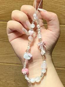 Sanrio 1 قطعة سلسلة هاتف مزينة بخرز على شكل قلب وفيونكة باللون الأبيض