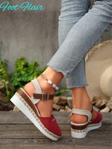 Sandalias de mujer talla grande con bloque de color, tira trasera sin espalda, suela de cuerda de cáñamo, plataforma ligera, cuña y estilo romano para playa y vacaciones - Rojo - Ver 6