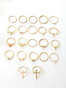22pcs Fashionable Punk Inspired Cross, Snake, Heart Rhinestone Decor Open Ring Set, Versatile For Daily Wear, Gatherings, Parties, Street Style - Yellow Gold - View 3