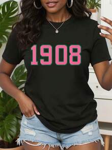 Women's 1908 Pretty Graphic Tee, Pink And Green AKA Pattern T-Shirt, Playful Letters T-Shirt, Pretty Girl Outfit, Casual Short Shirt, AKA Print Tee, Round Neck T-Shirt, Comfortable Fit - 黑色 - 查看 1