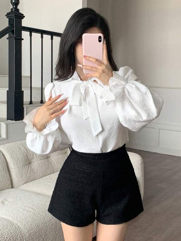 abyoxi Blusa casual de oficina con cuello de lazo en V blanca de manga larga para mujer, otoño/invierno