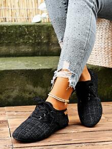 系带圆头女士时尚平底休闲鞋，优雅时尚 - 黑色 - 查看 2