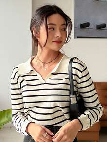 Suéter de manga larga de punto a rayas para mujer, uso de otoño e invierno, ocio diario, se puede usar en interiores y exteriores. - Blanco - Ver 6