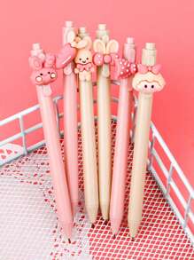 1/3/6支卡通中性笔 可爱贴纸按钮笔 学生考试/办公签字笔 0.5mm黑色墨水 可爱女孩按钮中性笔 学生学习文具 考试签字笔