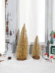 2棵圣诞金色闪光迷你松树，两棵人造雪树，带木质底座，节日桌面装饰，理想的圣诞节中心摆件，完美的节日家居装饰和派对装饰品，圣诞节的绝佳礼物之选，圣诞装饰，房间装饰，冬季圣诞装饰，家居圣诞礼物，圣诞装饰 - 彩色 - 查看 9