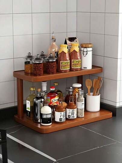 1pc Vintage Wooden Kitchen Storage Rack, Double-Layer High Capacity Spice Rack, Multipurpose Organizer Shelf For Kitchen, Dining Room, Office, Living Room, Holds Utensils, Snacks, Cups