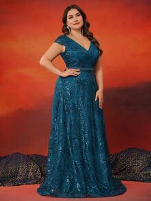 BluePlum High Quality Embroidered Sequin V-Neck Cover Sleeves With A Line Hem Design,Mid Waist Handmade Bead Design,Plus Size Elegant Luxurious Long Dress For Women, Making Women Younger And More Charming, Suitable For Various Parties, Graduations, Weddings, Events And Various Banquets And Dancing Parties, Formal Ball Gown For Women (Deluxe Edition) Party Dress Wedding Guest Dress Evening Dress