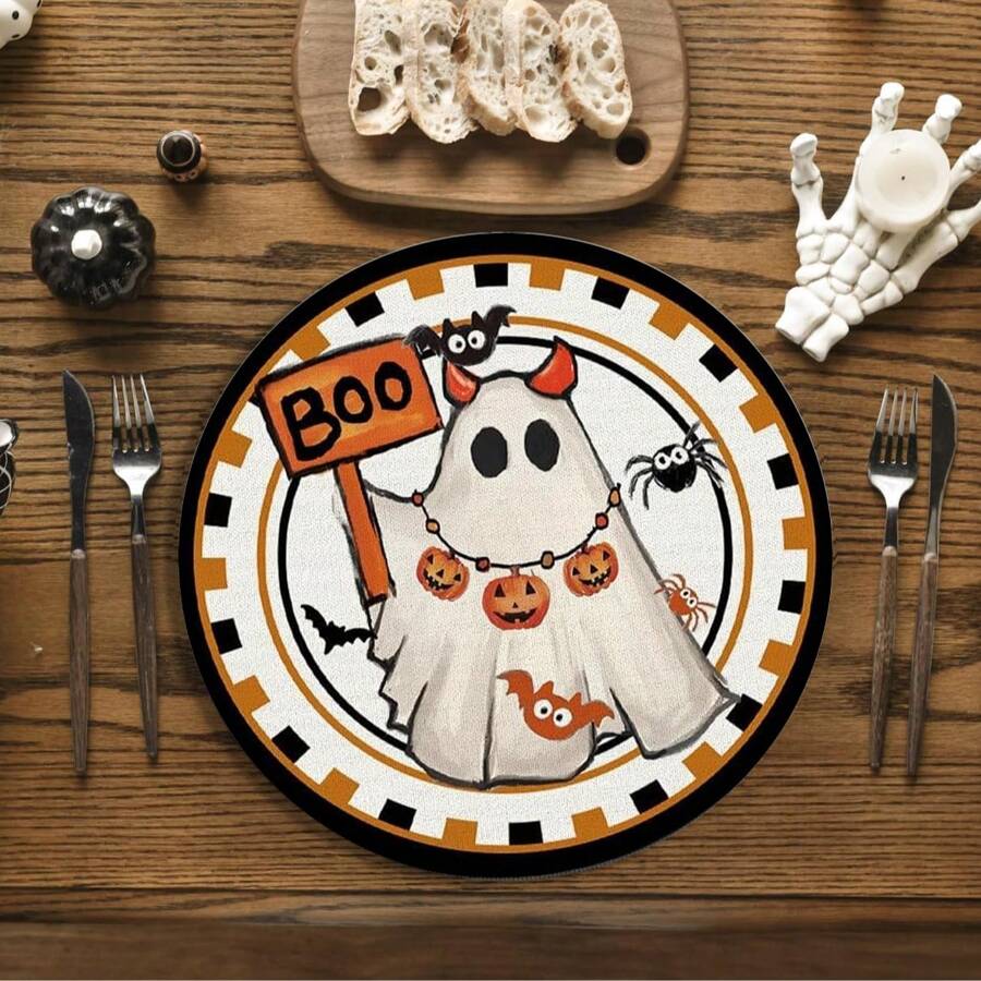 1/2/4pcs Ghost Pattern Halloween Round Placemats, Black Holiday Round Dining Table Mats, Suitable For Party, Kitchen, Dining, Breakfast, Coffee Decor