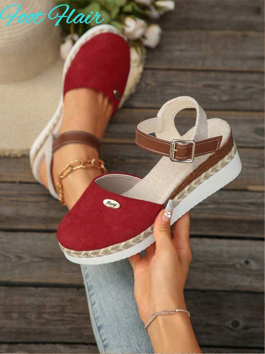 Sandalias de mujer talla grande con bloque de color, tira trasera sin espalda, suela de cuerda de cáñamo, plataforma ligera, cuña y estilo romano para playa y vacaciones