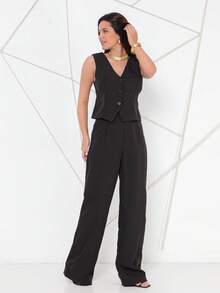 Women's Vest And Tailored Trousers Set - Black - View 3