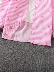 女童休闲简约蝴蝶结印花长袖条纹衬衫和直筒裤套装，春秋 - 粉色 - 查看 5