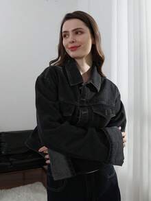 Jaqueta Denim de Manga Longa com Lapela de Cor Sólida Fashionable para Mulheres - Preto - Visão 7