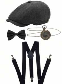 D EXCEED 3/4 pièces Accessoires pour hommes des années 1920 : Chapeau Fedora style gangster, bretelles Y-Back et nœud papillon pré-noué. Ensemble pour hommes des Années folles : Casquette Newsboy Ivy pour une fête sur le thème de Gatsby le Magnifique