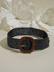 1 件女士编织宽腰带时尚腰带，带木质方形扣，适合万圣节夏季连衣裙、学校