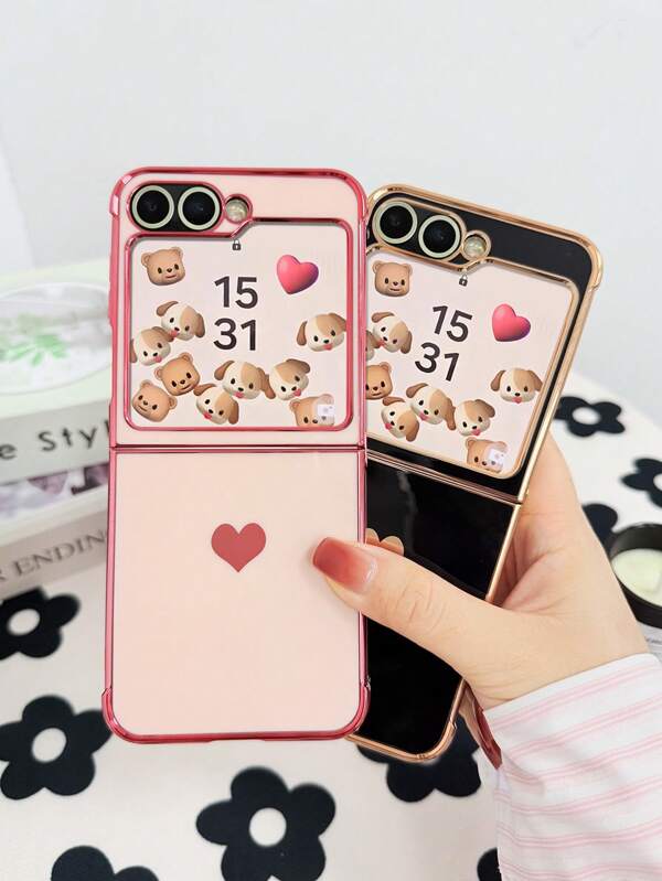 1pc Electroplated Heart Smooth Flip Phone Case, Pink TPU Soft Shell, Wear-Resistant, Fashion/Heart/Personalized/Creative/High-End, Suitable For Samsung Z Flip3/Z Flip4/Z Flip5/Z Flip6 Foldable Models, Electroplated Smooth Surface With Different Lighting Effects
