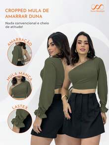Women's Cropped Blouse With Mule Sleeve And One Shoulder Pads - 墨綠色 - 查看 4