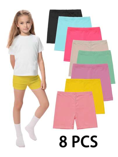 Set de 8 piezas de mallas ajustadas y cómodas de alta elasticidad para niñas, conjunto de pantalones cortos de unicolor en colores variados, adecuados para uso diario, deportes al aire libre, yoga, baile y ciclismo