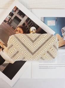 Geantă de mână mini cu perle brodate, cu perle, mari și mici, cu nasturi și perle, cu două fețe